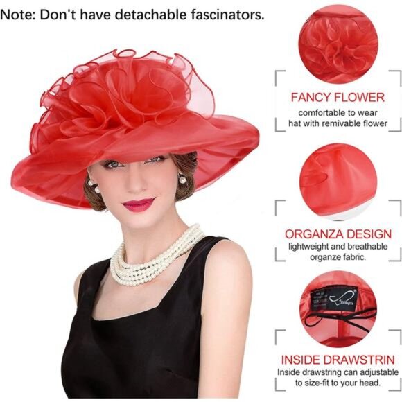 Derby Hats for Women, Classy Organza Sun Hat, Red main image 2